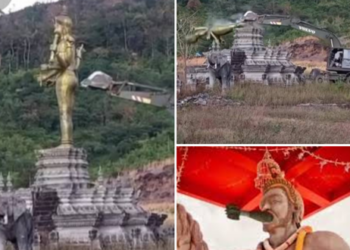 เขมรร้องไห้ระงม! ไทยทุบรูปปั้นเทพเจ้าฮินดูที่ ช่องอานม้า หลังยึดคืนพื้นที่ได้