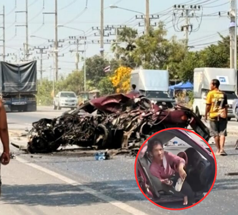 รถชนสนั่น! เก๋งเละเป็นซาก เหลือเชื่อคนขับแค่หัวแตก แห่ถามเลขทะเบียน–พระที่คล้องคอ