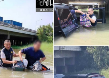 นาทีชีวิต! ตำรวจทางหลวง ช่วยรถตู้จมน้ำใต้สะพานพระราม 2